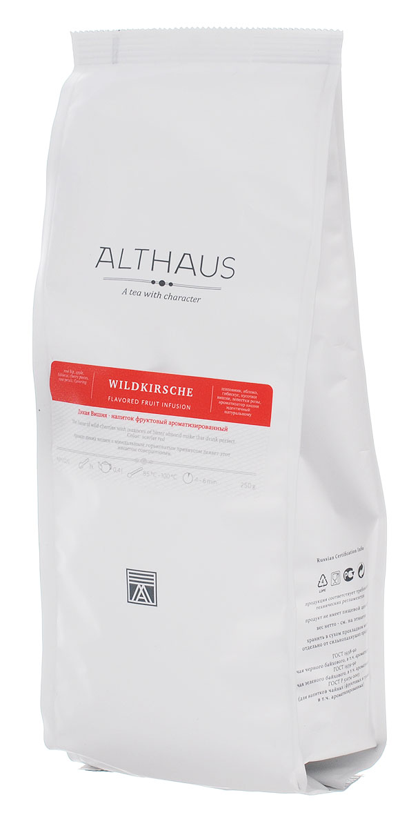 Althaus Wildkirsche фруктовый листовой чай, 250 г0120710 Althaus Wildkirsche фруктовый листовой чай, 250 г0120710Althaus Wildkirsche — интересный фруктовый купаж с прекрасным ароматом диких вишен в сочетании с легкой и изящной миндальной горчинкой.Совершенный вкус этого напитка формируют кусочки сочной вишни и медового яблока в композиции с плодами шиповника, лепестками розы и гибискуса.В этом напитке доминирует яркий, выразительный вишневый аромат. В букете угадывается благородная сладость сочных ягод, густой душистый запах цветочных бутонов, пряная нота корицы и миндаля. Завершает звучание напитка обволакивающий аромат восточных благовоний. Чай обладает терпковатой изысканной сладостью во вкусе и летним ароматом. В его послевкусии ощущается сладость засахаренного цветочного меда и спелого винограда. Ягоды вишни — это не только вкусный десерт и основа для освежающего ягодного коктейля, это еще источник витаминов и полезных микроэлементов. Температура воды: 85-100 °СВремя заваривания: 4-6 мин Цвет в чашке: алый