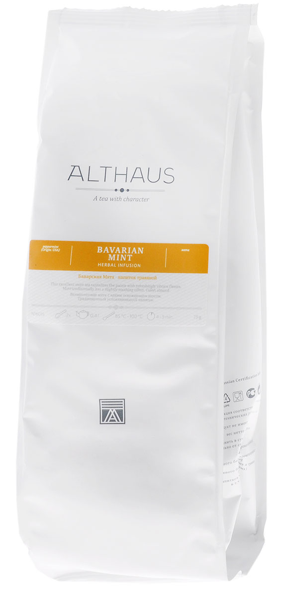 Althaus Bavarian Mint травяной листовой чай, 75 гTALTHG-L00066 Althaus Bavarian Mint травяной листовой чай, 75 гTALTHG-L00066Althaus Баварская Мята — замечательный мятный чай с ярким вкусом и бодрящим ароматом. Красивые фисташково-зеленые листочки при заваривании во всей полноте раскрывают свой неповторимый букет. Игристый ментоловый аромат гармонично оттеняется зелеными травянистыми и сладковатыми нотками. В горячем настое душистое благоухание свежей мяты сопровождается тонким холодком, который оставляет за собой пикантно-острый след и длительное послевкусие. Мята — одно из древнейших лекарственных растений. Целебные настои на листьях мяты использовались еще во времена египетских фараонов. В Древней Греции и Риме мята считалась растением, приносящим свежесть. Мятная вода создавала благородный аромат в жилищах, а знатные люди носили венки из ее листьев, чтобы сохранять ясность ума и самообладание. По представлениям традиционной народной медицины, мята оказывает мягкое успокаивающее воздействие. Этот эффект обусловлен особыми эфирными маслами, которыми так богаты листья мяты. ...