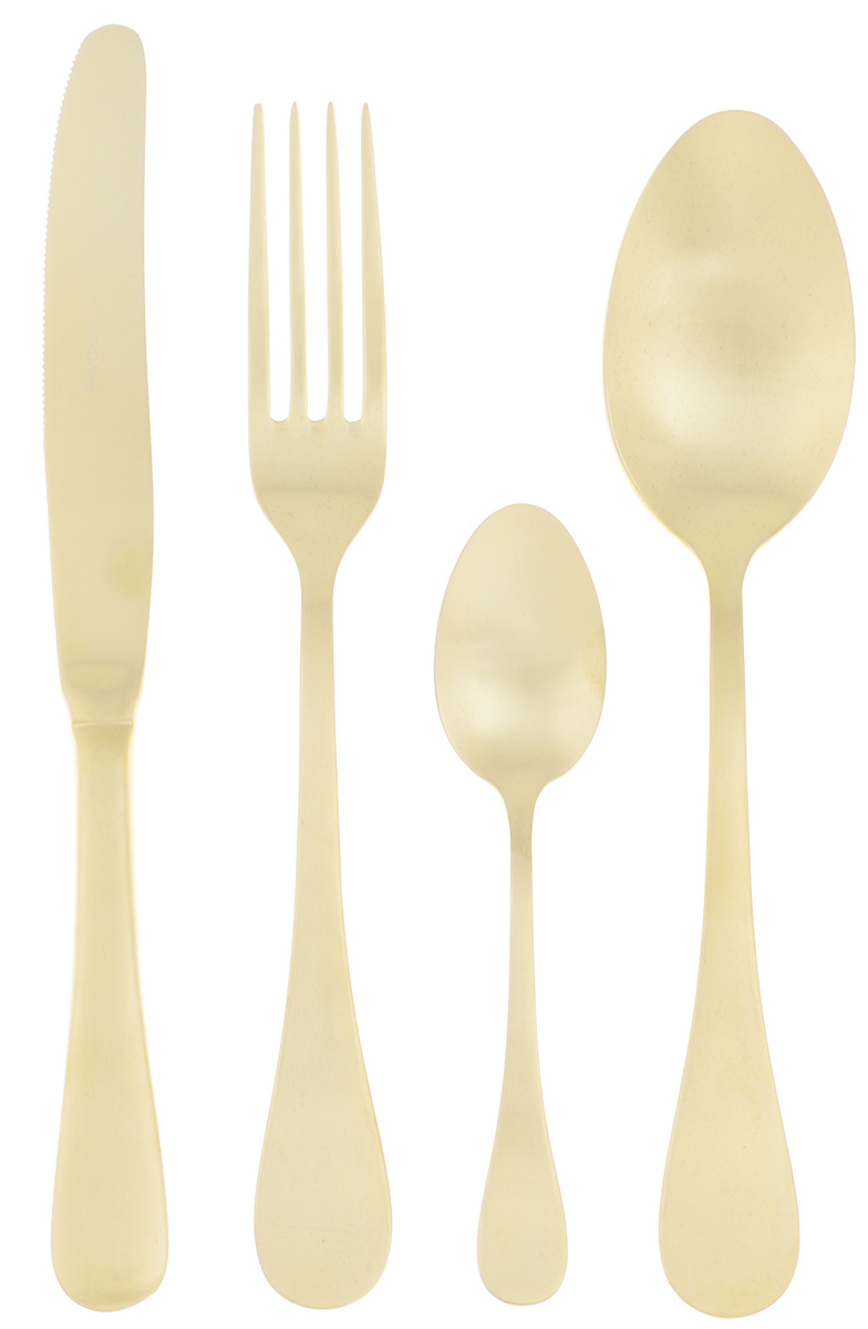 Набор столовых приборов Herdmar Rocco Old Gold, 24 предмета08930241600E16 Набор столовых приборов Herdmar Rocco Old Gold, 24 предмета08930241600E16Набор столовых приборов Herdmar Rocco Old Gold — это сочетание высокого качества и стильного дизайна. Этот набор подойдет для сервировки праздничного стола, или дополнит набор ваших кухонных принадлежностей и хорошо впишется в дизайн современной кухни. Набор рассчитан на 6 персон (всего 24 предмета: 6 столовых ложек, 6 вилок, 6 ножей и 6 чайных ложек). Набор упакован в чемодан, в котором все предметы удобно хранить. Приборы выполнены из нержавеющей стали с добавлением 18% хрома и 10% никеля, поэтому они устойчивы к внешним повреждениям и окислению. Изделия можно мыть вручную с использованием мыльных моющих средств, а также в посудомоечной машине. При мойке в посудомоечной машине постарайтесь извлечь чистые столовые приборы как можно быстрее и просушить их. Длина столовой ложки: 21 см. Длина вилки: 21 см. Длина ножа: 23,5 см. Длина чайной ложки: 14 см.