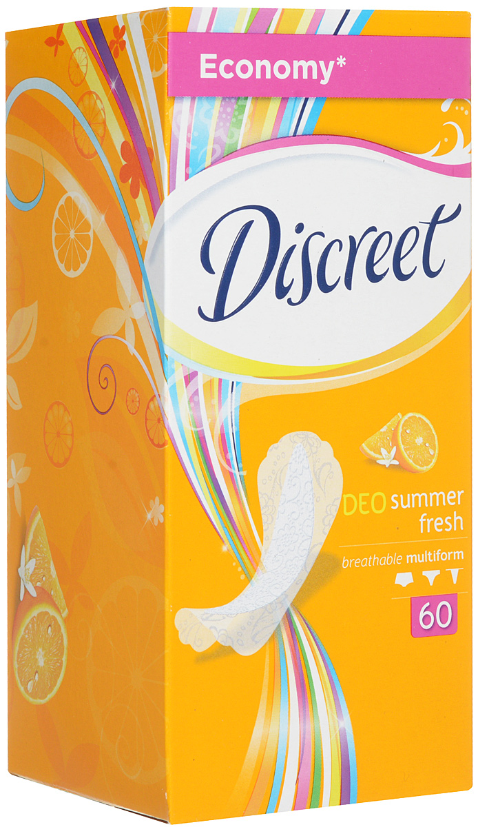 Ежедневные гигиенические прокладки Discreet Multiform Deo Summer Fresh, 60 штAD-83713489 Ежедневные гигиенические прокладки Discreet Multiform Deo Summer Fresh, 60 штAD-83713489Ежедневные гигиенические прокладки Discreet Multiform Deo Summer Fresh ароматизированные. Они такие тонкие и мягкие, что вы их даже не почувствуете, а приятный тонкий аромат подарит Вам ощущение свежести на каждый день. Ежедневные гигиенические прокладки Discreet Multiform подходят для любого типа белья, будь то танга, стринги, шортики или слипы. Характеристики: Размер упаковки: 16 см х 7,3 см х 7 см. Производитель: Украина. Товар сертифицирован.