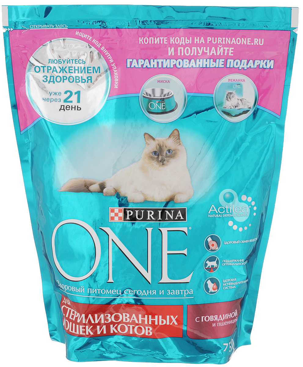 Корм сухой Purina One для кастрированных котов и стерилизованных кошек, с говядиной и пшеницей, 750 г12266728 Корм сухой Purina One для кастрированных котов и стерилизованных кошек, с говядиной и пшеницей, 750 г12266728Состав корма Purina One был специально подобран ветеринарами таким образом, чтобы поддерживать здоровый обмен веществ у кошек и котов, прошедших процедуру стерилизации или кастрации. Дело в том, что им требуется меньше калорий для поддержания нормальной жизнедеятельности и активности, чем собратьям с сохраненной половой функцией. Сухой корм Purina One обеспечивает: - здоровый вес благодаря более высокому содержанию белка по отношению к содержанию жира, - здоровый обмен веществ после кастрации и стерилизации, - здоровую мочевыделительную систему, благодаря балансу минеральных веществ, - снижение образование зубного камня до 40%, - легкую усвояемость питательных веществ, благодаря высококачественным ингредиентам. Товар сертифицирован.