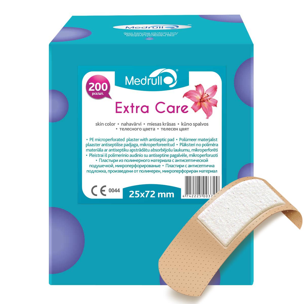 Medrull Набор пластырей Extra Care, 2,5x7,2 см, №20000001313 Medrull Набор пластырей Extra Care, 2,5x7,2 см, №20000001313Благодаря особенностям абсорбирующей подушечки, обработанной антисептическим веществом, эти пластыри помогут защитить рану от размножения бактерий и микроорганизмов. Рекомендовано использовать только после дезинфекции раны. Пластыри изготовлены из тонкого, перфорированного, полимерного материала.Свойства пластыря: водонепроницаемые, грязенепроницаемые, гипоаллергенные, эластичные, дышащие, плотно прилегающие. Абсорбирующая подушечка изготовлена из вискозы и обладает высокой впитываемостью. Верхняя часть подушечки обработана полипропиленом, что защищает от вероятности прилипания пластыря к поврежденной поверхности кожи. Пропитана антисептическим веществом - Cetyl pyridinium chloride 0.15%.