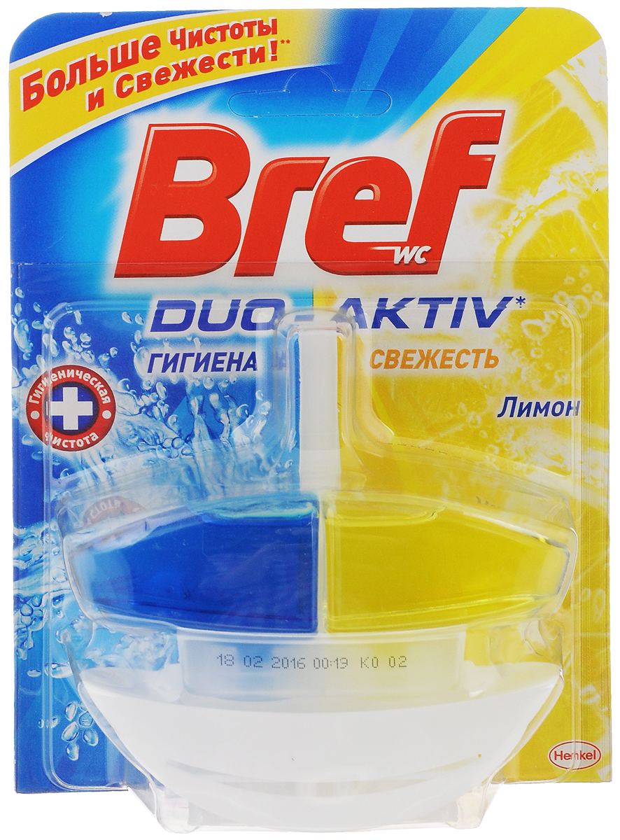 Чистящее средство для унитаза Bref Duo Aktiv Лимон, 50 мл904658 Чистящее средство для унитаза Bref Duo Aktiv Лимон, 50 мл904658Чистящее средство Bref Duo Aktiv Лимон - подвесной туалетный блок с жидким наполнителем и революционной системой, состоящий из двух отдельных контейнеров. Первый контейнер поддерживает гигиеническую чистоту и предотвращает образование известкового налета, второй контейнер придает устойчивый и свежий аромат вашей туалетной комнате. Товар сертифицирован.