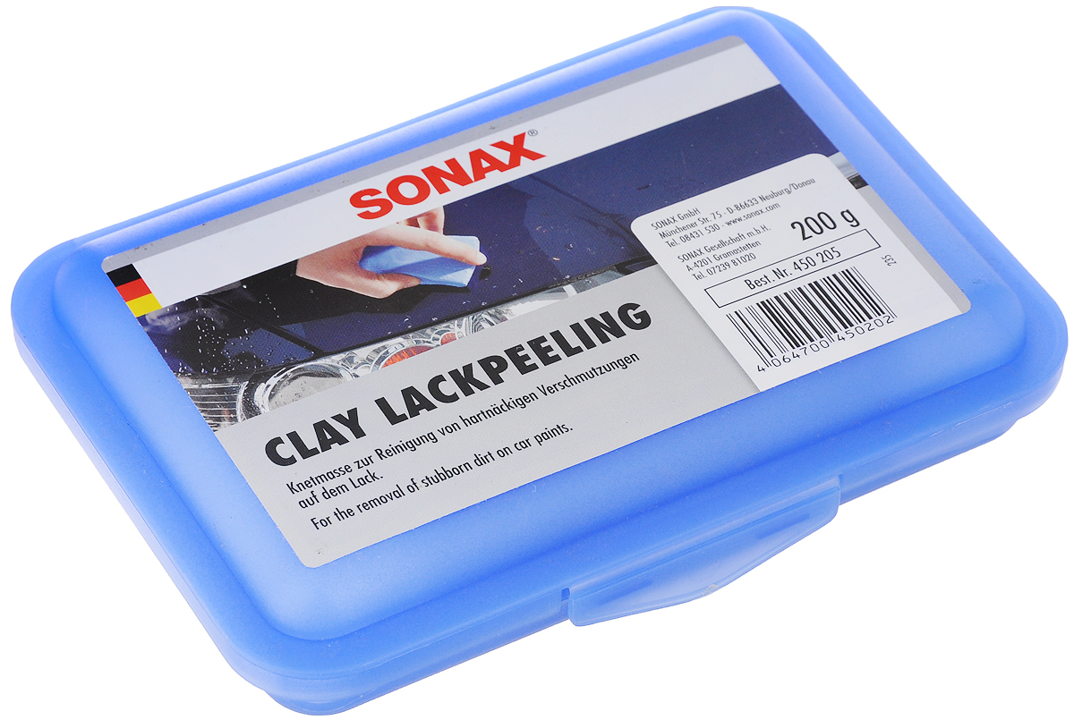 Брусок для очистки окрашенных поверхностей Sonax450205 Брусок для очистки окрашенных поверхностей Sonax450205Брусок для очистки окрашенных поверхностей Sonax, выполненный из мягкой абразивной глины, предназначен для удаления с лакокрасочной поверхности въевшейся грязи, которую не может удалить ручная и автоматическая мойка (следы воздействия среды, липовые почки, битум, следы насекомых, капли краски). Примечание: После очистки поверхности, рекомендуется отполировать поверхность, т.к. в большинстве случаях, под поверхностью грязь разрушает краску. Изделие упаковано в специальную пластиковую коробку. Размер бруска: 9,5 х 6,5 х 1,5 см. Товар сертифицирован.