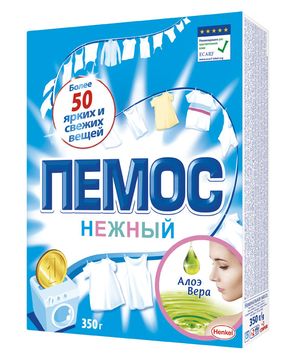 Порошок стиральный Пемос Нежный, алое вера, 350 г935227 Порошок стиральный Пемос Нежный, алое вера, 350 г935227Пемос Нежный отлично отстирывает различные загрязнения, а входящая в его состав отдушка содержит экстракт Алоэ Вера. ПЕМОС Нежный подходит для людей с чувствительной кожей, что подтверждено Европейским центром исследований проблем аллергии (ECARF). С помощью всего лишь одной пачки Пемос Нежный 2 кг Вы сможете отстирать более 300 вещей. ПЕМОС Нежный - стирает много, стоит недорого. Результат - чистота и свежесть Ваших вещей в сочетании с заботой о нежной коже.