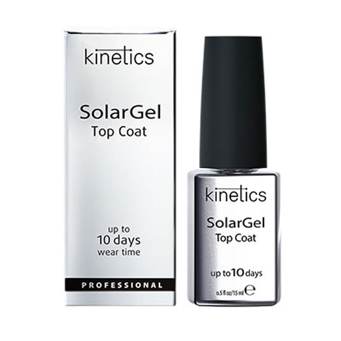 Kinetics Верхнее покрытие SolarGel Top Coat, 15 млKDTС Kinetics Верхнее покрытие SolarGel Top Coat, 15 млKDTСБыстросохнущее верхнее покрытие с гелевым эффектом и супер глянцем. Стойкость - до 10 дней. Не требует специальной просушки в UV/LED лампе. Идеально самовыравнивается, создавая великолепный и стойкий зеркальный блеск. Рекомендуется использовать с профессиональными лаками SolarGel.