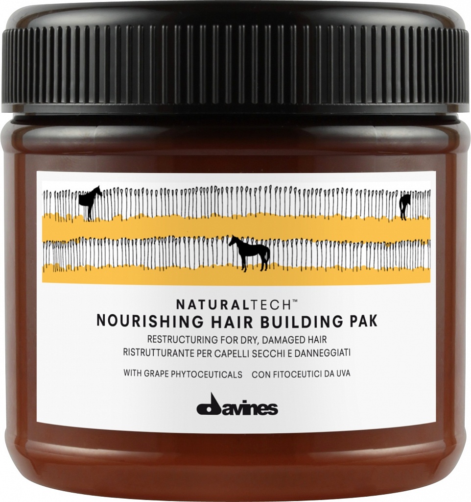 Davines Питательная восстанавливающая маска New Natural Tech Nourishing Hair Building Pak, 250 мл71154 Davines Питательная восстанавливающая маска New Natural Tech Nourishing Hair Building Pak, 250 мл71154Питательная восстанавливающая маска для волос питает и обновляет структуру сухих поврежденных волос. В маске содержится фитоактив винограда, который богат полифенолами и является сильным антиоксидантом. Его действие усиливают эфирные масла мандарина, горького апельсина и иланг-иланга, снабжающие уставшие волосы жизненной силой. Также в состав формулы входят жирные кислоты группы Омега 3, которые кондиционируют волосы, а также кератин и кератин гидролизованный, работающие над восстановлением структуры волос. pH 4.