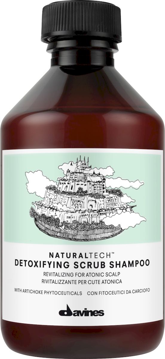 Davines Детоксирующий шампунь-скраб New Natural Tech Detoxifying scrub Shampoo, 250 мл71168 Davines Детоксирующий шампунь-скраб New Natural Tech Detoxifying scrub Shampoo, 250 мл71168Детоксицирующий шампунь-скраб эффективно восстанавливает атоничную и ослабленную кожу головы. Шампунь-скраб содержит мельчайшие частицы, которые очищают кожу головы, деликатно массируя скальп и мягко отшелушивая ороговевшие частицы внешнего кожного покрова. Средство также защищает кожу головы от действия свободных радикалов. Включенное в формулу шампуня масло жожоба в микрокапсулах способствует насыщению кожи головы кислородом. Более глубокое отшелушивание кожи головы возможно благодаря мельчайшим частицам кремния, содержащимся в шампуне. Эти частицы микроскопического размера активно стимулируют микроциркуляцию крови во всех слоях эпидермиса. Вытяжка из артишока действует как мощный антиоксидант. Эфирные масла мяты, кардамона и кориандра оказывают антисептическое, стимулирующее и успокаивающее действие на кожу головы. рH 5,4.