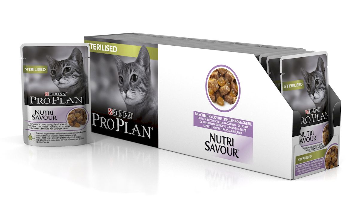 Консервы Pro Plan Nutri Savour, для стерилизованных кошек и кастрированных котов, с индейкой, 85 г, 24 шт61396_24 Консервы Pro Plan Nutri Savour, для стерилизованных кошек и кастрированных котов, с индейкой, 85 г, 24 шт61396_24Консервы Pro Plan Nutri Savour помогает поддерживать здоровье мочевыделительной системы у кастрированных котов и стерилизованных кошек. Способствует поддержанию оптимального веса тела кошки. Помогает поддерживать естественную защиту организма благодаря содержанию антиоксидантов, таких как витамин Е. Нежные кусочки в пикантном соусе обладают приятным вкусом благодаря запатентованной технологии производства департамента Purina компании Nestle. Состав: мясо и мясные субпродукты (в том числе индейка 4%), рыба и продукты переработки рыбы, минеральные вещества, сахар, витамины. Добавленные вещества: МЕ/кг: витамин A 1057, витамин D3 147; витамин E 287, мг/кг: железо 10, йод 0,39, медь 0,96, марганец 1,77, цинк 27, селен 0,023. Гарантируемые показатели: влажность 82%, белок 9,9%, жир: 3,3%, сырая зола 2,5%, сырая клетчатка 0,7%. Товар сертифицирован.
