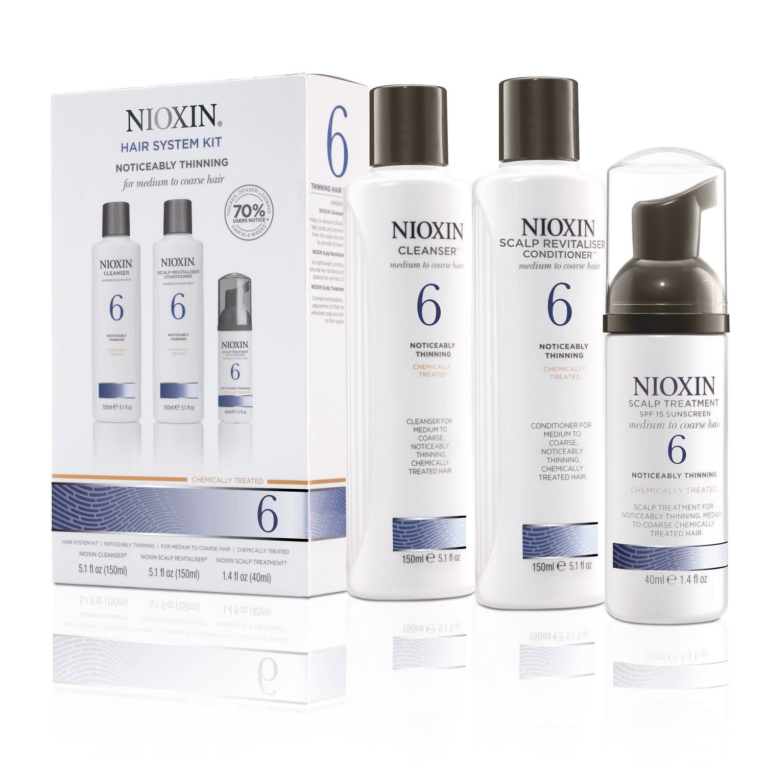 Nioxin System 6 Kit XXL - Набор (Система 6) 300 мл+300 мл+100 млMP59.4D Nioxin System 6 Kit XXL - Набор (Система 6) 300 мл+300 мл+100 млMP59.4DВ набор входят:Шампунь Очищение 300 мл - придающий объём очистительКондиционер Увлажнение 300 мл - придающий объём кондиционерМаска Питание 100 мл - придающая объём и питающая волосы маскаВсе средства обеспечивают деликатный уход за волосами и кожей головы, питая их и защищая от неблагоприятных воздействий окружающей среды.