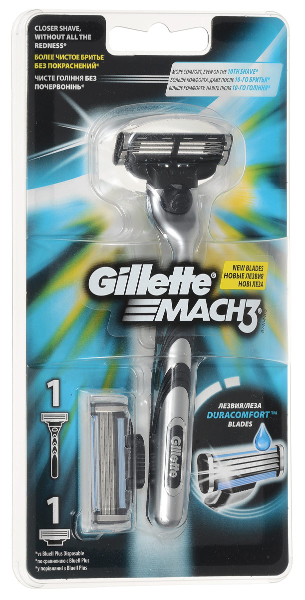 Бритва Gillette Mach 3, 2 сменные кассетыMAG-75070339 Бритва Gillette Mach 3, 2 сменные кассетыMAG-75070339Даже 10-ое бритье Mach3 комфортнее 1-го одноразовой бритвой. Почувствуйте исключительную эффективность Mach3! Это бритва включает в себя гелевую полоску, которая способствует скольжению и защищает кожу от покраснения, также полоска исчезает, когда кассету пора менять. Плавающая головка обеспечивает тесный контакт лезвий с кожей, удобная ручка адаптируется к контурам лица для более легкого и комфортного бритья (по сравнению с одноразовыми бритвенными станками Blueell Plus). Даже после десятого использования бритвы ощущения более приятные, чем от одноразовых станков (по сравнению с одноразовыми станками для бритья Bluell Plus). По сравнению с Gillette BlueII Plus Срок хранения – 5 лет. Страна производства – Польша. Характеристики: Длина станка: 13,5 см. Длина лезвия: 3,4 см. Комплектация: бритвенный станок, 2 сменные кассеты. Товар сертифицирован. Состав смазывающей полоски: PEG-115M, PEG-7M, PEG-100, BHT, TOCOPHERYL...