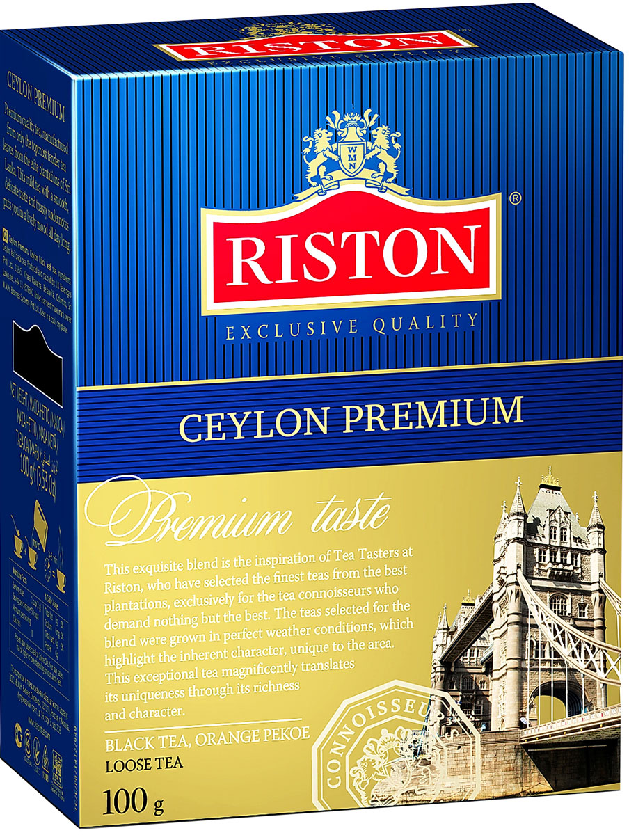 Riston Цейлонский Премиальный черный листовой чай, 100 г4792156001050 Riston Цейлонский Премиальный черный листовой чай, 100 г4792156001050Riston Цейлонский Премиальный - эксклюзивный сорт черного чая высшей категории, в состав которого входят только верхние листочки, собранные на элитных плантациях Шри-Ланки. Этот крепкий настой с мягким, деликатным вкусом и насыщенным ароматом создает отличный настрой на весь день.