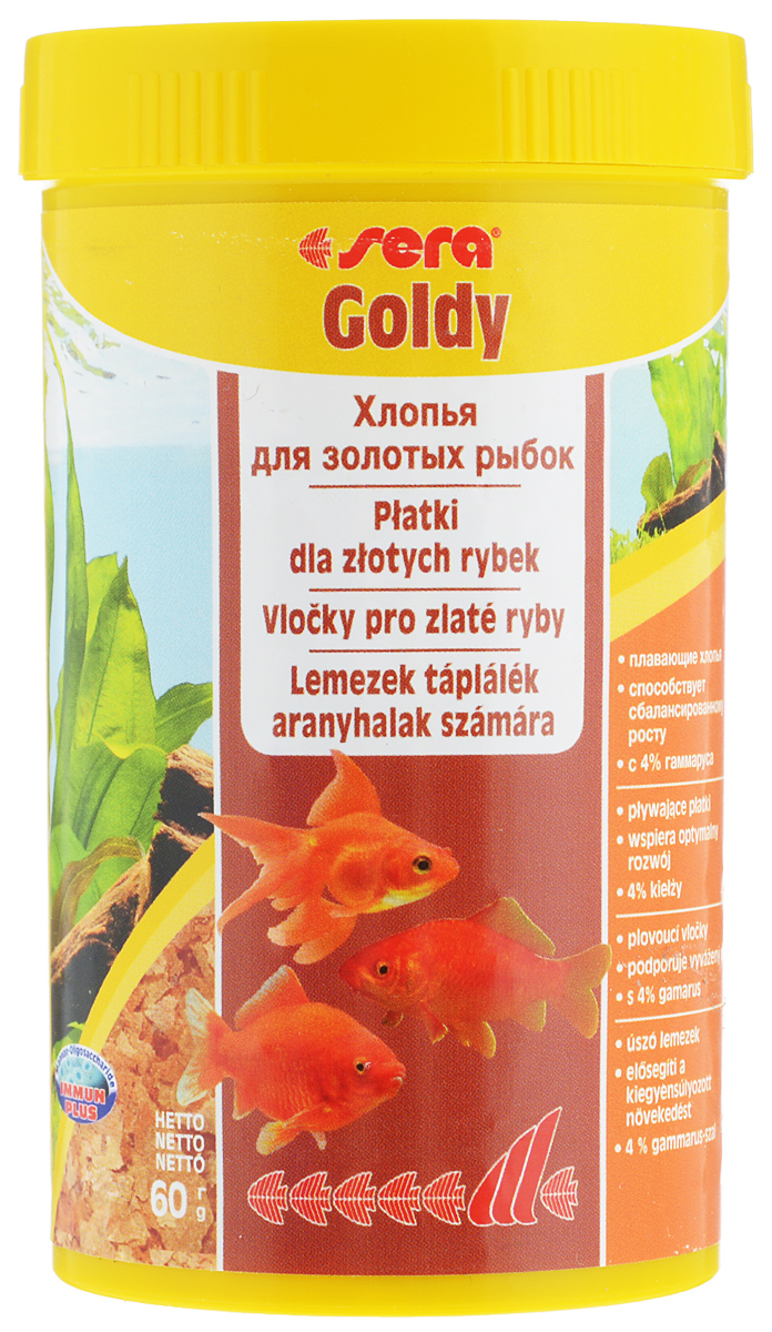 Корм для золотых рыбок Sera Goldy, хлопья, 250 мл (60 г)16006 Корм для золотых рыбок Sera Goldy, хлопья, 250 мл (60 г)16006Корм Sera Goldy - основной корм, который состоит из плавающих хлопьев, произведенных путем бережной обработки сырья. Корм предназначен для небольших золотых рыбок. Благодаря тщательно подобранным ингредиентам растительного и животного происхождения, корм является привлекательным для рыб, легко усваивается, способствует их сбалансированному росту и активности. Этот основной корм предотвращает проблемы пищеварения, специфические для этих видов, и снабжает рыб всеми питательными веществами, необходимыми для здорового роста. Товар сертифицирован.