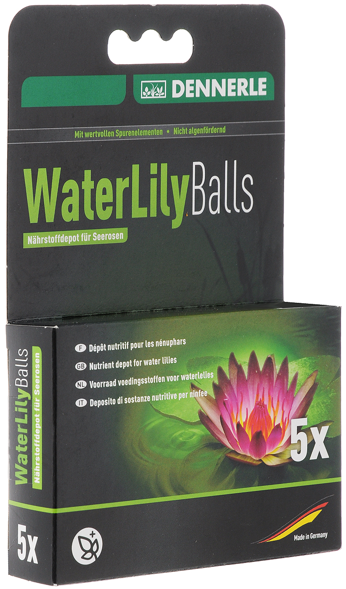 Удобрение в виде шариков Dennerle Water Lily Fertilizer Balls, для нимфей и других прудовых растений, 5 штDEN3417 Удобрение в виде шариков Dennerle Water Lily Fertilizer Balls, для нимфей и других прудовых растений, 5 штDEN3417Удобрение Dennerle Water Lily Fertilizer Balls идеально работает для усиления вновь высаженных растений и в качестве дополнительной подкормки растений, произрастающих вдоль берега пруда. Удобрение усиливает рост рост любых прудовых растений, ускоряет рост вновь высаженных растений и является дополнительным источником питания, способствует мощному росту и обильному цветению, а также не вызывает рост водорослей, так как не содержит фосфатов и нитратов. Товар сертифицирован.