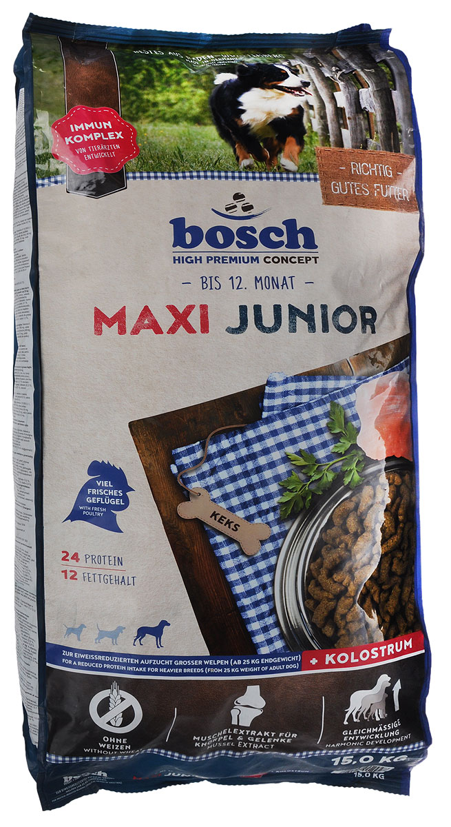 Корм сухой Bosch Junior Maxi для щенков гигантских пород, 15 кг16545_щенки/гигантские породы Корм сухой Bosch Junior Maxi для щенков гигантских пород, 15 кг16545_щенки/гигантские породыКорм Bosch Junior Maxi с высоким содержанием белка, витаминов и минералов поддерживает оптимальное развитие щенков до года с учетом их высоких потребностей в питательных веществах и способствует правильному формированию скелета и зубов. Увеличенное содержание омега-3 жирных кислот оказывает положительное воздействие на развитие головного мозга и органов зрения. Умеренное содержание белка и жира способствует гармоничному развитию опорно-двигательного аппарата и предотвращает быстрый набор веса. Мука из мяса мидий (источник глюкозамина и хондроитина) поддерживает здоровье суставов и связок. Специальная форма и увеличенный размер гранул отлично подходят щенкам крупных пород. Товар сертифицирован. Уважаемые клиенты! Обращаем ваше внимание на возможные изменения в дизайне упаковки. Качественные характеристики товара остаются неизменными. Поставка осуществляется в зависимости от наличия на складе.