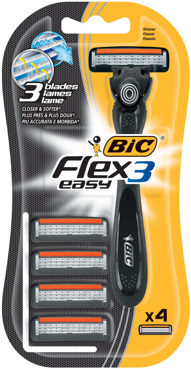 Bic Бритва Flex&Easy, бл.4 шт8930161 Bic Бритва Flex&Easy, бл.4 шт8930161Первая бритва «Все-в-одном» : 1 станок + 4 кассеты. Три высококачественных лезвия, плавающих независимо друг от друга. Хромо-полимерное покрытие лезвий. Более широкий резиновый предохранитель.