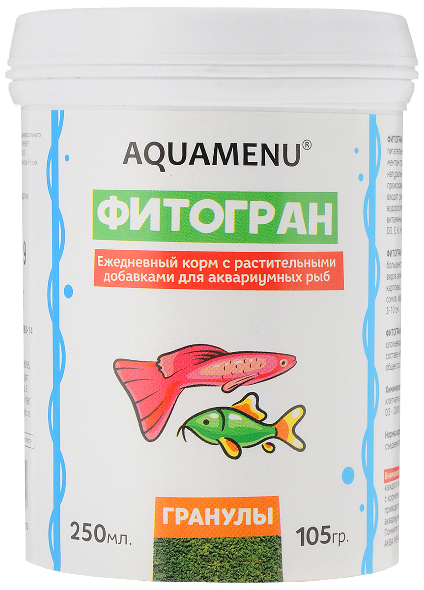 Корм Aquamenu Фитогран для аквариумных рыб, с растительными добавками, 250 мл (105 г)0120710 Корм Aquamenu Фитогран для аквариумных рыб, с растительными добавками, 250 мл (105 г)0120710Aquamenu Фитогран - сбалансированный по всем основным питательным веществам, витаминам и микроэлементам гранулированный корм. Производится из натуральных продуктов животного и растительного происхождения методом экструзии. Aquamenu Фитогран предназначен для ежедневного кормления большинства преимущественно растительноядных видов аквариумных рыб: живородящих, карпозубых, карповых, многих харациновых, лабиринтовых, сомов, африканских цихлид и других рыб длиною 3-10 см.Состав: рыбная, пшеничная, соевая, травяная и водорослевая мука, крапива, микроэлементы, витамины A, B1, B2, B3, B4, B5, B6, B7, B8, B12, C, D3, E, K, Н и специальные добавки.Товар сертифицирован.