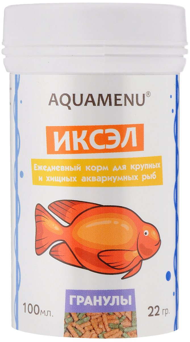 Корм Aquamenu Иксэл для крупных и хищных рыб, 100 мл (22 г)00000001403 Корм Aquamenu Иксэл для крупных и хищных рыб, 100 мл (22 г)00000001403Aquamenu Иксэл - универсальный корм в виде плавающих гранул для крупных аквариумных рыб (в том числе и хищных) - цихлид, карповых и др. В воде гранулы размягчаются, хорошо поедаются рыбами, не загрязняют аквариум. Корм изготовлен по современной экструзионной технологии из натуральных высококачественных продуктов животного и растительного происхождения. Содержит рыбную муку, травяную муку, рисовую муку, комплекс витаминов и минералов, рыбий жир, соевый лецитин, стабилизированную аскорбиновую кислоту. Специальные добавки регулируют обмен веществ и нормализуют пищеварение рыб. Товар сертифицирован.