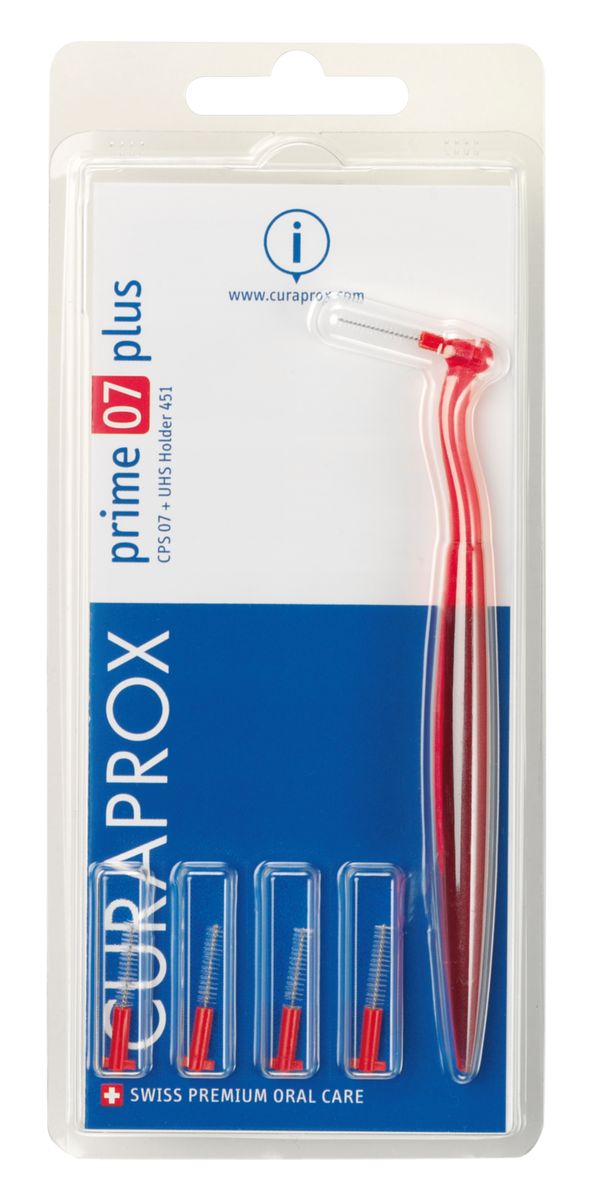 Curaprox CPS 07 Prime PLUS Ершик межзубный 0,7 мм (5 шт), красный + UHS 451 красный держательCPS07 plus Curaprox CPS 07 Prime PLUS Ершик межзубный 0,7 мм (5 шт), красный + UHS 451 красный держательCPS07 plusВ набор входят 5 ёршиков для регулярной чистки межзубных промежутков и держатель UHS451. Состав: Сверхтонкие щетинки изготовлены из нейлона. Стержень ершика изготовлен из плетеной проволоки (хирургическая сталь), что обеспечивает его прочность.