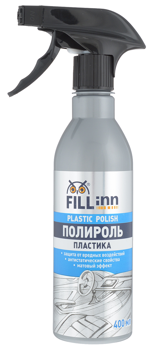 Полироль пластика Fill Inn, спрей, 400 млFL077 Полироль пластика Fill Inn, спрей, 400 млFL077Полироль пластика Fill Inn благодаря уникальному составу восковой эмульсии обновляет любые пластиковые и резиновые поверхности автомобиля, такие как приборная доска, центральная консоль, молдинги, бампер, шины и т.д. Придает всем обработанным поверхностям благородную матовость. Не оставляет жирного блеска. Защищает резину и пластик от старения и растрескивания. Обладает антистатическим эффектом, предотвращает оседание пыли на поверхности. Имеет устойчивый приятный аромат. Состав: ПАВ, восковая эмульсия, полимеры, ароматизаторы. Товар сертифицирован.