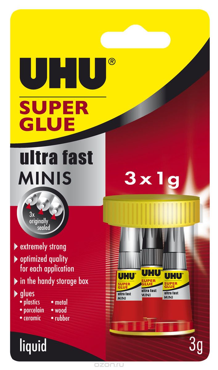 UHU Клей Super Glue 3 шт45420/45415 UHU Клей Super Glue 3 шт45420/45415Клей UHU Super Glue - однокомпонентный прозрачный лей на основе цианакрилата. Особенно удобен для работы с маленькими деталями, при склеивании которых, нужна большая точность. В течение нескольких секунд обеспечивает прочное склеивание различных материалов. В первую очередь подходит для твёрдых материалов, имеющих ровную поверхность. Клей не подходит для полиэтилена, полипропилена, соединений силикона, тефлона (PTFE), стиропора. Клеевое соединение выдерживает любую температуру до +82 С (низкие температуры – без ограничений), а также краткосрочное воздействие воды. Открытый клей рекомендуется хранить в прохладном месте. Инструкция по использованию: Предпосылка удачного склеивания – идеально чистая и сухая поверхность. В случае, если материал позволяет это сделать, рекомендуется многократная протирка места склеивания растворителями (ацетоном и т.п.). При склеивании металлов достаточно просто очистить поверхность наждаком или щёткой. Необходимо нанести...