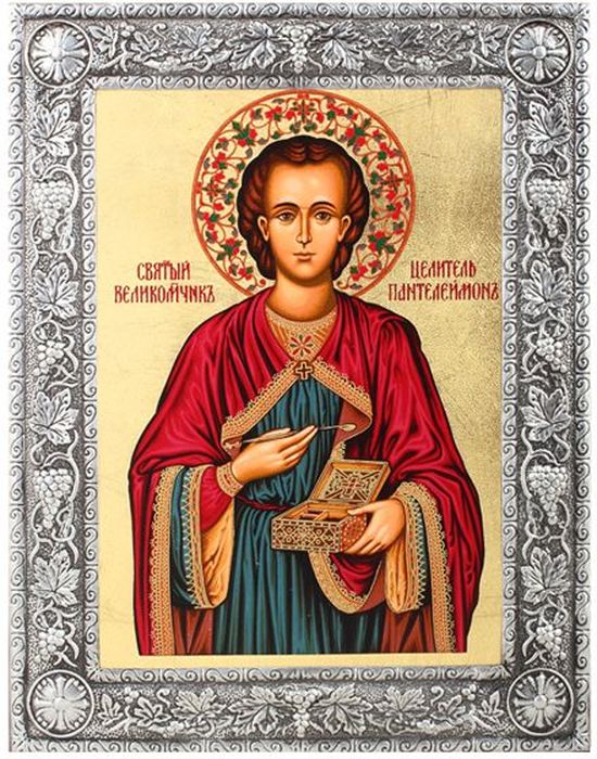 Икона Артола Св. Пантелеймон (в синем), 11,5 см х 15,5 см х 1 смIR-SHPc-P1F Икона Артола Св. Пантелеймон (в синем), 11,5 см х 15,5 см х 1 смIR-SHPc-P1FПравославная каноничная икона. Современная оригинальная интерпретация. Афинская иконописная школа. Метод нанесения образа на полотно - полноцветная многослойная шелкография. Золотой фон - поталь. Образ декорирован винтажной металлической рамкой. Деревянная основа (ламинированный мдф) оснащена выдвижной стойкой из натурального бука.