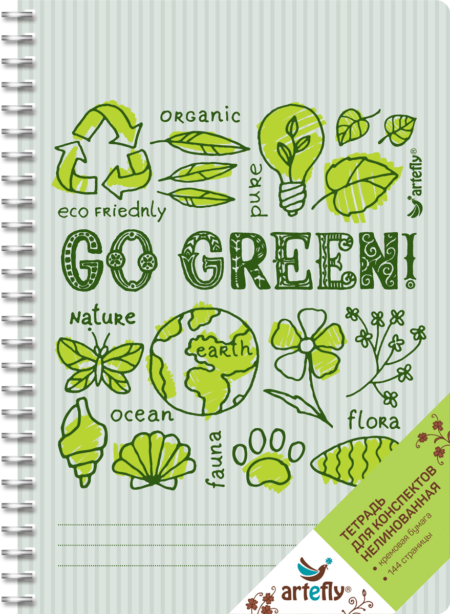 Artefly Тетрадь Go Green 72 листа без разметкиAFNB-GG-GR-UR Artefly Тетрадь Go Green 72 листа без разметкиAFNB-GG-GR-URТетрадь Artefly Go Green предназначена для ведения записей. Ее удобно использовать для конспектов. Красивая и яркая обложка раскрасит студенческие будни. Внутренний блок представлен 72 листами и скреплен спиралью. Приятная бумага кремового цвета без линовки никого не оставит равнодушным.