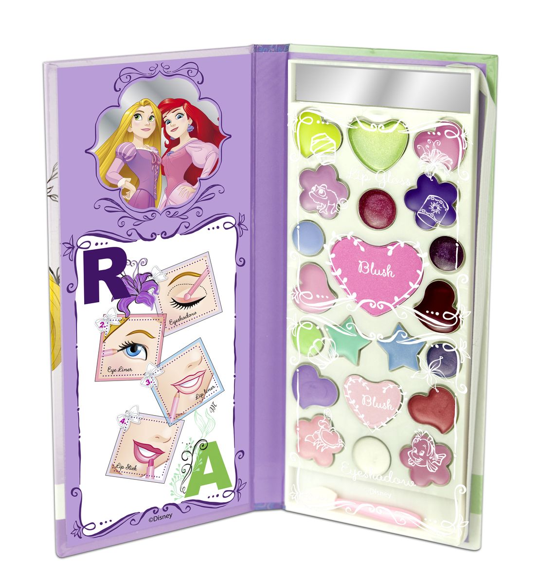 Markwins Игровой набор детской декоративной косметики Princess AR в книжке1301207 Markwins Игровой набор детской декоративной косметики Princess AR в книжке1301207Состав набора: палитра блесков для губ из 10 оттенков, румяна 2 оттенка, палитра кремовых теней для век из 9 оттенков, аппликатор 1 шт., зеркальце 1 шт.