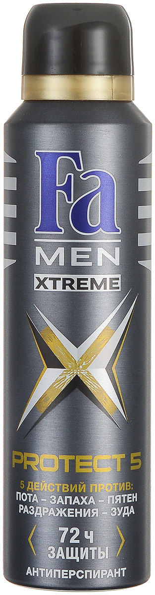 FA MEN Xtreme Дезодорант-аэрозоль Protect 5 , 150 мл120836595 FA MEN Xtreme Дезодорант-аэрозоль Protect 5 , 150 мл120836595Fa MEN Xtreme Protect 5 – эффективный антиперспирант и 5 действий против: пота, запаха, пятен, раздражения и зуда! Инновационная формула с технологией Sweat Detect борется с потом еще до его появления. 72 часа высокоэффективнойзащиты против пота и запаха. Борется с источником запаха и обеспечивает длительную свежесть. Научно доказано. Также почувствуйте притягательную свежесть, принимая душ с гелем для душа Fa Men Xtreme.