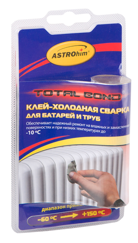 Клей-холодная сварка ASTROhim, для батарей и труб, 55 гАС-9307 Клей-холодная сварка ASTROhim, для батарей и труб, 55 гАС-9307Клей-холодная сварка ASTROhim предназначен для быстрого и надежного склеивания, ремонта и герметизации радиаторов отопления, труб горячего и холодного водоснабжения, канализации бытовых и промышленных зданий и сооружений, изготовленных из пластика, черных и цветных металлов. Температура эксплуатации отремонтированных изделий от -60°С до +150°С. Обеспечивает надежный ремонт на влажных и замасленных поверхностях, при низких температурах (до -10°С), при условии замешивания смеси в теплом помещении. Товар сертифицирован.