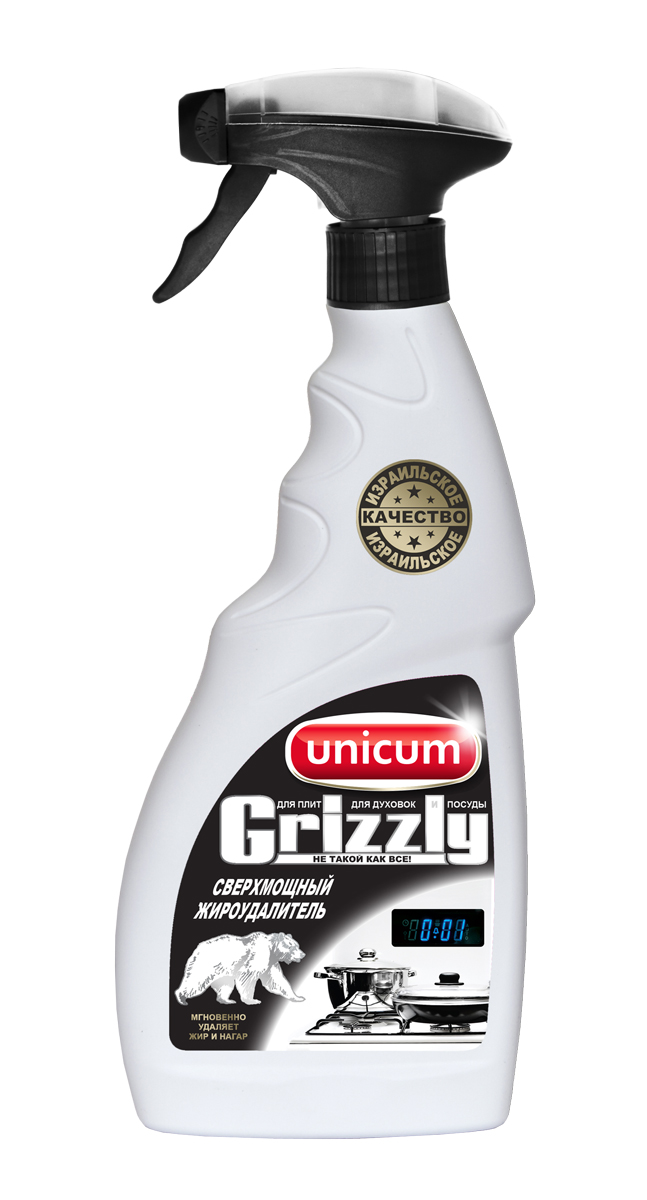 Жироудалитель Unicum Гризли, 500 мл303736 Жироудалитель Unicum Гризли, 500 мл303736Жироудалитель Unicum Гризли - особое средство для мгновенного удаления самых стойких застарелых и подгоревших масложировых загрязнений, нагара, копоти с поверхностей кухонных плит, духовых шкафов, грилей, кастрюль, сковородок, пароуловителей, кафельной плитки, в том числе и с охлажденных поверхностей. Товар сертифицирован.