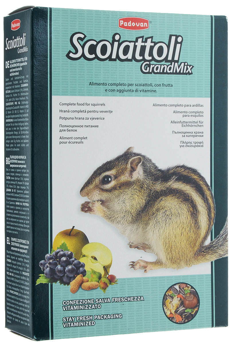 Корм Padovan Grandmix Scoiattoli для белок, 750 г16826 Корм Padovan Grandmix Scoiattoli для белок, 750 г16826Комплексный, высококачественный основной корм Padovan Grandmix Scoiattoli подходит для белок. Корм обогащен фруктами и овощами, витаминами и минералами. Padovan Grandmix Scoiattoli для шустрых грызунов с высоким содержанием углеводов, обеспечит ваших любимцев необходимым запасом энергии и удовлетворит их потребности в движении и играх. Товар сертифицирован.