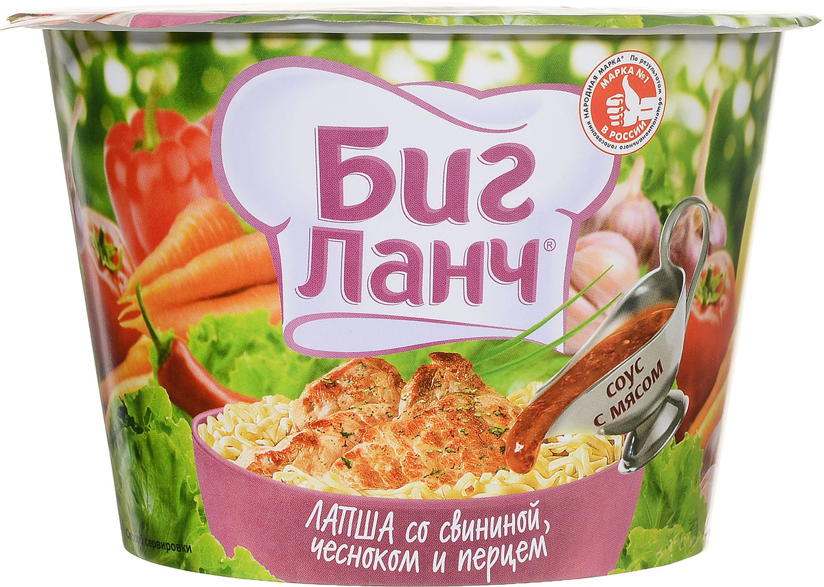Биг Ланч Лапша быстрого приготовления со свининой, чесноком и перцем, 90 г0120710 Биг Ланч Лапша быстрого приготовления со свининой, чесноком и перцем, 90 г0120710Лапша быстрого приготовления Биг Ланч со свининой, чесноком и перцем.Способ приготовления:Выложите содержимое всех пакетиков в стакан и залейте кипящей водой. Накройте крышкой, подождите 4 минуты и тщательно перемешайте. Блюдо готово.Приятного аппетита!