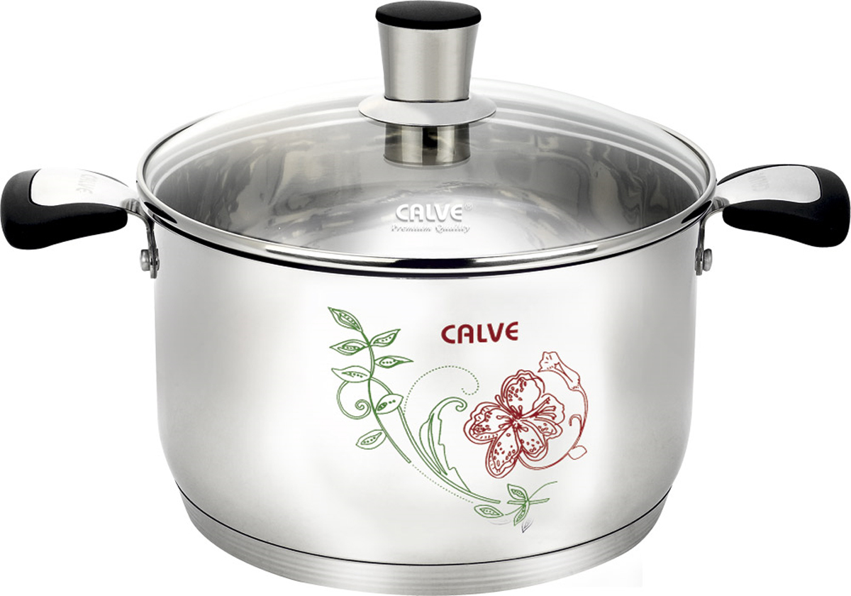 Кастрюля Calve с крышкой, цвет: серебристый, красный, зеленый, 6,4 лCL-1845 Кастрюля Calve с крышкой, цвет: серебристый, красный, зеленый, 6,4 лCL-1845Кастрюля Calve изготовлена из высококачественной нержавеющей стали 18/10, которая отличается прочностью, устойчивостью к коррозии и отсутствием вредных соединений при контакте с продуктами. Нержавеющая сталь 18/10 зарекомендовала себя как идеальный материал для кухонной посуды. Многослойное термоаккумулирующее дно обеспечивает идеальное распределение тепла. Изделие имеет эксклюзивный термосенсор. При нагревании, рисунок на кастрюли меняет цвет. Удобные ручки эргономичной формы выполнены из стали с бакелитовыми вставками. Надежное крепление ручки гарантирует безопасность использования. Удобные отметки литража на внутренней поверхности посуды позволяют не использовать при приготовлении дополнительную мерную посуду. Крышка из жаропрочного стекла позволяет следить за процессом приготовления, не открывая крышки. Специальное отверстие для выхода пара позволяет готовить с закрытой крышкой, предотвращая выкипание. Зеркальная полировка придает посуде стильный...