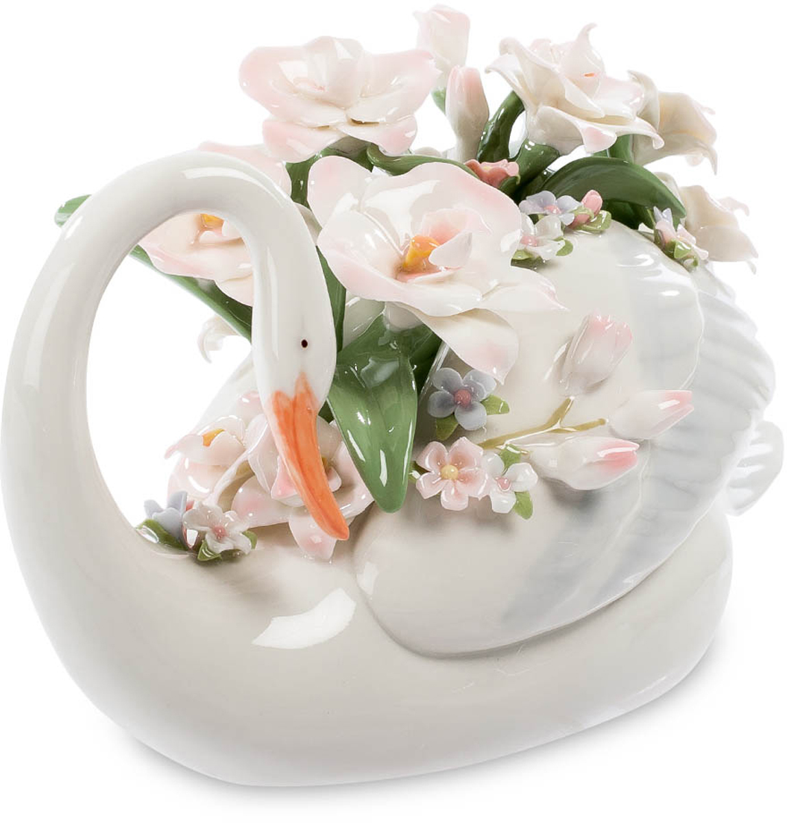 Фигурка Pavone Лебедь с цветами. CMS-10/32CMS-10/32 Фигурка Pavone Лебедь с цветами. CMS-10/32CMS-10/32Фигурка Лебедь с цветами (Pavone) Белый лебедь – символ красоты и любовной романтики. Во многих новеллах прежних лет герои, переживавшие любовный взлет, встречали лебедей и осознавали красоту этой озерной птицы. Длинная тонкая шея, тонкий оранжевый клюв, большие белые крылья символизируют чувственность и утонченность. Мы не могли оставить без внимания эту чудесную птицу, и предлагаем взглянуть на фарфоровую статуэтку Лебедь с цветами. Нет, наш лебедь не держит цветы в лапах или клюве; он просто выбрал место, где цветов много, где царит аромат распустившихся роз. Цветы и лебедь гармонично сочетаются – и цветами, и смысловым содержанием композиции. Лебедя с цветами можно поставить в спальне или ванной – он будет подчеркивать чистоту помещения. Подарить статуэтку можно любой романтичной женщине, которая до сих пор верит в искренность чувств, силу красоты и любовь, способная коснуться сердца любого.