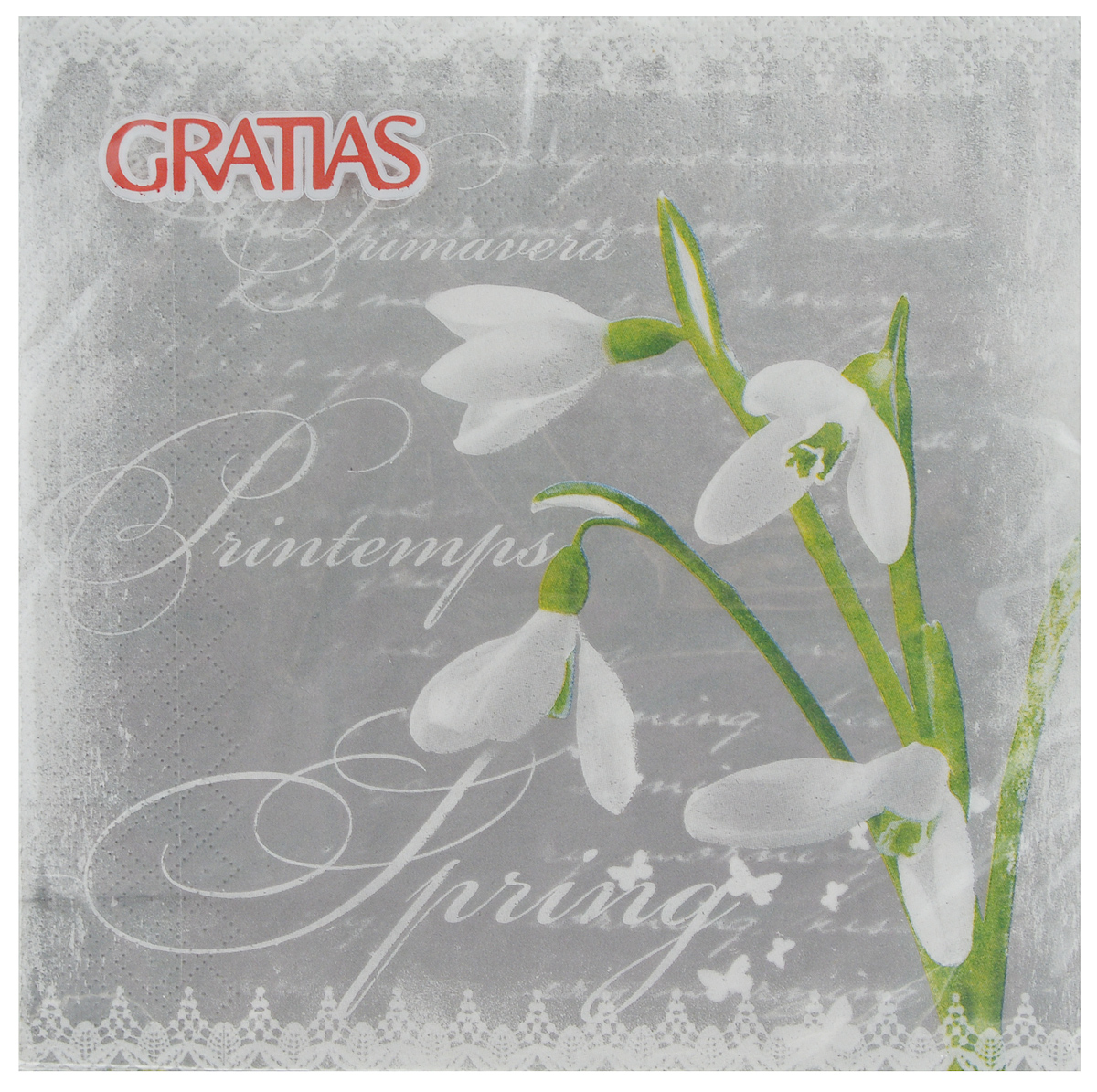 Салфетки бумажные Gratias Подснежник, трехслойные, 33 х 33 см, 20 шт1219 Салфетки бумажные Gratias Подснежник, трехслойные, 33 х 33 см, 20 шт1219Трехслойные бумажные салфетки Gratias Подснежник, выполненные из натуральной целлюлозы, станут отличным дополнением любого праздничного стола. Они отличаются необычной мягкостью и прочностью. Размер листа: 33 х 33 см. Количество слоев: 3.