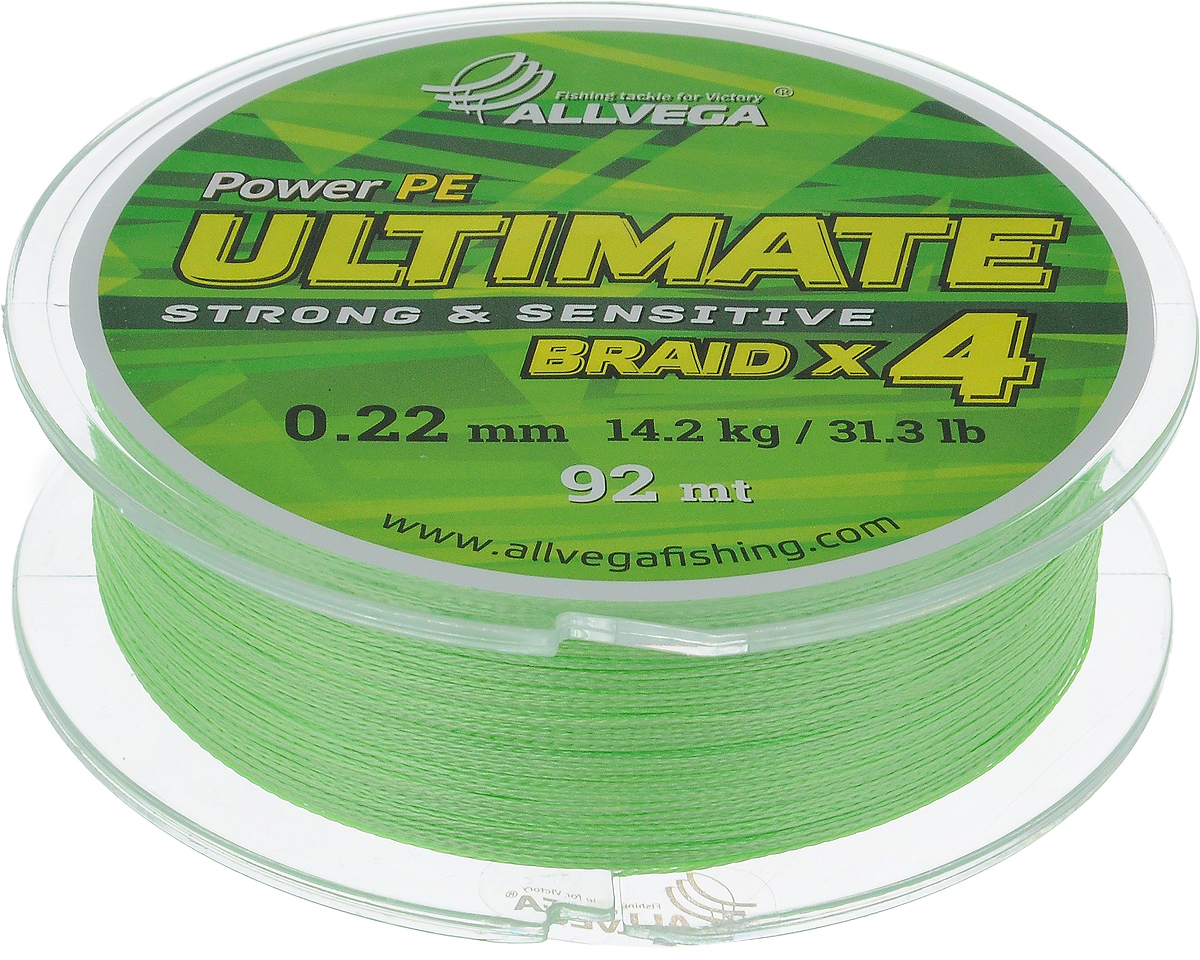 Леска плетеная Allvega Ultimate, цвет: светло-зеленый, 92 м, 0,22 мм, 14,2 кгФуфайка Verticale FELX Леска плетеная Allvega Ultimate, цвет: светло-зеленый, 92 м, 0,22 мм, 14,2 кгФуфайка Verticale FELXЛеска Allvega Ultimate с гладкой поверхностью и одинаковым сечением по всей длине обладает высокой износостойкостью. Леска изготовлена из высокотехнологичного материала (Power РЕ) методом плетения 4 прядей, покрытых специальным полимерным составом. Основными положительными качествами лески Allvega Ultimate являются: устойчивость к внешнему воздействию и максимальная чувствительность при поклевке, что обусловлено почти нулевой растяжимостью. Данные показатели крайне важны при ловле на бровках и в корягах. А круглая и гладкая поверхность лески обеспечивает ровную и плотную укладку на шпуле катушки, что позволяет делать дальний и точный заброс, делая леску универсальной для ловли любым видом спиннинга. Леску Allvega Ultimate можно применять в любых типах водоемов. Особенности:повышенная износостойкость;высокая чувствительность - коэффициент растяжения близок к нулю; идеально гладкая поверхность позволяет увеличить дальность забросов; высокая прочность шнура на узлах.