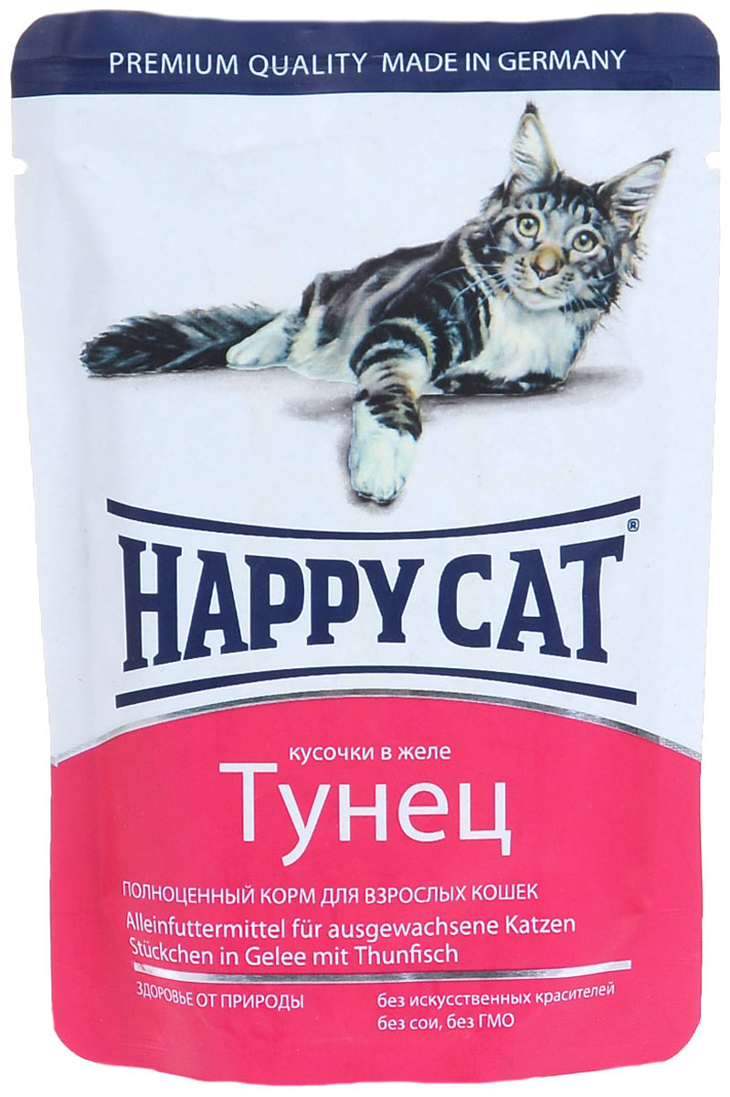 Консервы Happy Cat, для взрослых кошек, кусочки тунца в желе, 100 г1002309 Консервы Happy Cat, для взрослых кошек, кусочки тунца в желе, 100 г1002309Консервы Happy Cat - это полноценный корм для взрослых кошек. Нежные кусочки из натуральных ингредиентов в ароматном желе прекрасно усваиваются и обладают хорошим вкусом, чтобы ваш котик с удовольствием съедал всю порцию без остатка. Консервы приготовлены без добавления сои, искусственных красителей и ГМО. Корм содержит целый комплекс витаминов и минералов, а именно: витамины B, C, E, A, PP, цинк, калий, железо, натрий, кобальт и другие. Йод улучшает деятельность щитовидной железы. Цинк необходим для заживления ран, укрепления иммунитета, нормальной работы почек и поджелудочной железы. В комплексе с витаминов D цинк улучшает усвояемость кальция костной тканью, а в комплексе с витаминами A, E и C, обладающими антиоксидантными свойствами, защищает клетки от воздействия свободных радикалов. Состав: мясо и мясопродукты, рыба и рыбные продукты (тунец 4%), минералы, инулин 0,1%. Аналитический состав: сырой протеин 8%, сырой жир 5%, сырая...