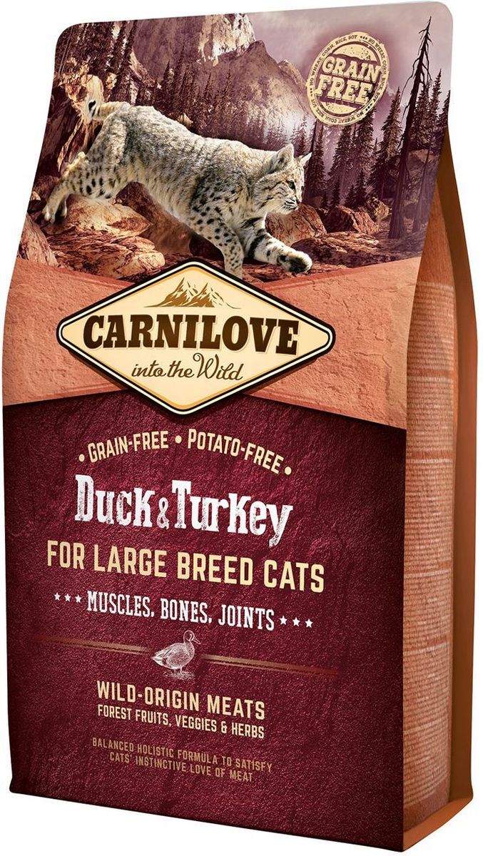 Корм сухой Carnilove, для кошек крупных пород, беззерновой, с мясом утки и индейки, 2 кг512768 Корм сухой Carnilove, для кошек крупных пород, беззерновой, с мясом утки и индейки, 2 кг512768Полнорационный беззерновой корм Carnilove с мясом утки и индейки для взрослых кошек крупных пород – для мышц, костей и суставов формула без злаков и картофеля для взрослых кошек крупных пород. сбалансированное питание для улучшения состояния мышц, костей и суставов кошек крупных пород, таких как мейн-кун, американский бобтейл, регдолл,саванна, чаузи, сибирский кот, норвежская лесная кошка, оцикет. Состав: мука из утки (32%), мука из индейки (18%), желтый горох (16%), куриный жир (консервирован токоферолами, 11%), филе утки (5%), крахмал из тапиоки (3%), куриная печень (3%), яблоки (6%), рыбий жир лососевых рыб (1%), морковь (1%), льняное семя (1%), нут (1%), оливковое масло (0.8%), новозеландский зеленогубый моллюск (perna canaliculus, 0.1%), экстракт зеленого чая (0.1%) гидролизованные раковины ракообразных (источник глюкозамина, 0.026%), экстракт хряща (источник хондроитина, 0.016%), пивные дрожжи (источник маннанолигосахаридов, 0.016%), корень цикория (источник...