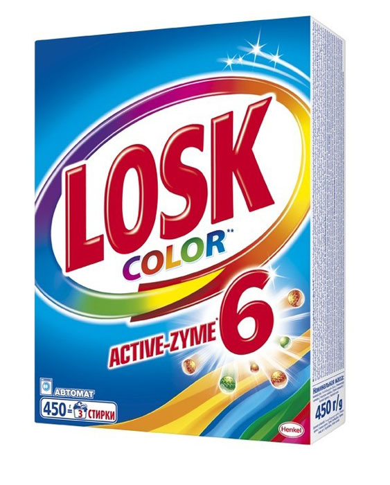 Стиральный порошок Losk Color 450г904707 Стиральный порошок Losk Color 450г904707Наслаждайтесь чистотой и яркостью цветного белья! Формула порошка LOSK Active-Zyme 6 Color позволяет удалять сложные пятна, сохраняя сочность цвета белья – снова и снова. Стиральные порошки LOSK для цветных тканей обеспечивают удаление пятен, сохраняя цвета ваших вещей яркими. Входящие в состав 6 активных энзимов эффективно справляются с различными видами загрязнений, удаляя их. Стирка за стиркой пятна уходят, а цвет белья остаётся! Состав: 5-15% анионные ПАВ; Товар сертифицирован.
