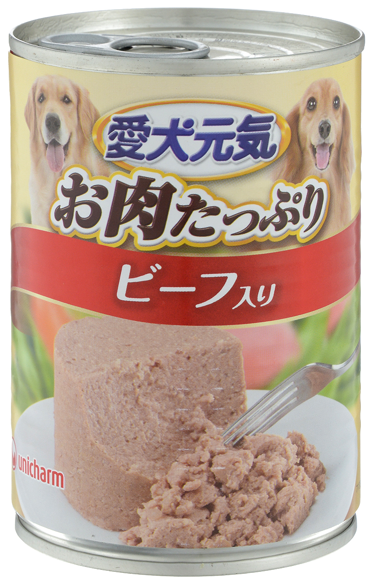 Консервы Unicharm Aiken Genki для собак, с говядиной, 375 г0120710 Консервы Unicharm Aiken Genki для собак, с говядиной, 375 г0120710Влажный корм для собак Unicharm Aiken Genki - это сбалансированное высококачественное питание для собак. Аппетитные сочные кусочки говядины овощей и рыбы в тающем соусе произведены с сохранением всех свойств натуральных продуктов, содержат комплекс питательных веществ и микроэлементов, необходимых для полноценного развития вашего четвероногого друга. Корм полностью удовлетворяет ежедневные энергетические потребности взрослого животного и обеспечивает оптимальное функционирование пищеварительной системы.Состав: курица, говядина, куриный экстракт, морковь, картофель, зеленый горошек, тунец, пшеничная мука, приправа, глюкоза, ксилоза, витамины и минералы (В1, В2, В6, D, E, кальций, хлор, калий, натрий, фосфор), стабилизатор (гуаровая камедь), консервант (нитрит натрия), красители (диоксид титана, оксид железа), антиоксиданты.Пищевая ценность (на 100 г): белки - 5%, липиды - 4%, клетчатка - 1,5%, зола - 4%, влажность - 85%, энергетическая ценность 90 ккал.Товар сертифицирован.