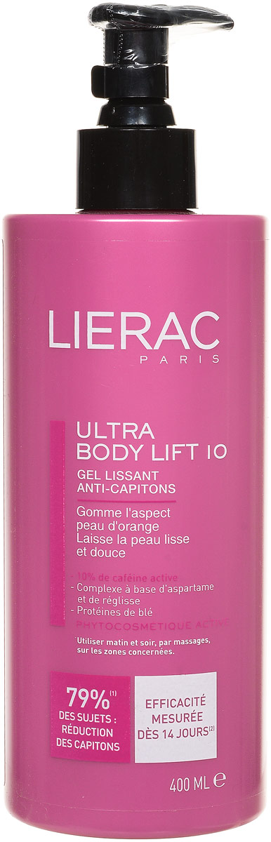 Lierac Body Lift 10 Ultra Гель-концентрат для похудения, 400 мл72523WD Lierac Body Lift 10 Ultra Гель-концентрат для похудения, 400 мл72523WDВпервые в косметическом средстве используется эффективность активного кофеина (10%), способствующего удалению жировых отложений с бедер и ягодиц, в сочетании с противоотечными свойствами аспартама. Сыворотка сокращает жировые отложения за счет снижения содержания глюкозы в жировых клетках, активизирует липоз и блокирует липогенез. Рельеф кожи выравнивается, она становится мягкой и упругой.