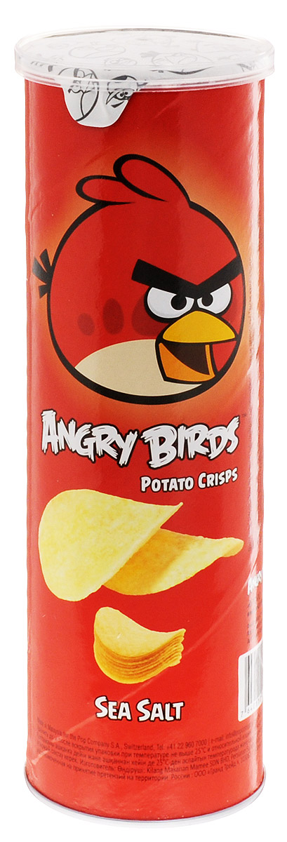 Angry Birds чипсы с морской солью, 100 г0120710 Angry Birds чипсы с морской солью, 100 г0120710Хрустящая картофельная закуска Angry Birds с настоящей морской солью и тонкими нотками перца составит компанию сидру или пиву. Возьмите с собой на пикник, в дорогу или в кинотеатр! Благодаря удобной тубе они не сломаются и не рассыплются. Рекомендуется подавать с нежными сливочными, медово-горчичными или томатными соусами.