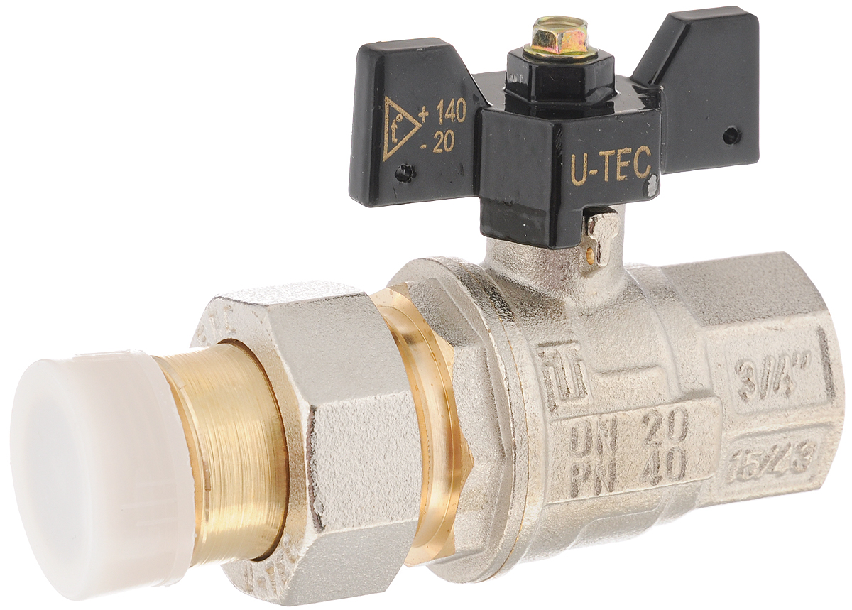 Кран шаровой U-tec Professional, с американкой, бабочка, В-Н, 3/4655.01 Кран шаровой U-tec Professional, с американкой, бабочка, В-Н, 3/4655.01Кран шаровой U-tec Professional прошел все необходимые испытания и по праву может считаться надежным! Применяется для водоснабжения, отопления и систем сжатого воздуха. Корпус и затвор выполнены из никелированной латуни, уплотнитель из фторопласта. Кран оснащен алюминиевым рычагом.Изделие застраховано полисом страхования ответственности качества товаров, что придает дополнительную уверенность покупателям. Диапазон рабочих температур: от -20°С до +140°С.Давление PN: 40.Присоединительный размер: 3/4.ДУ: 20 мм.