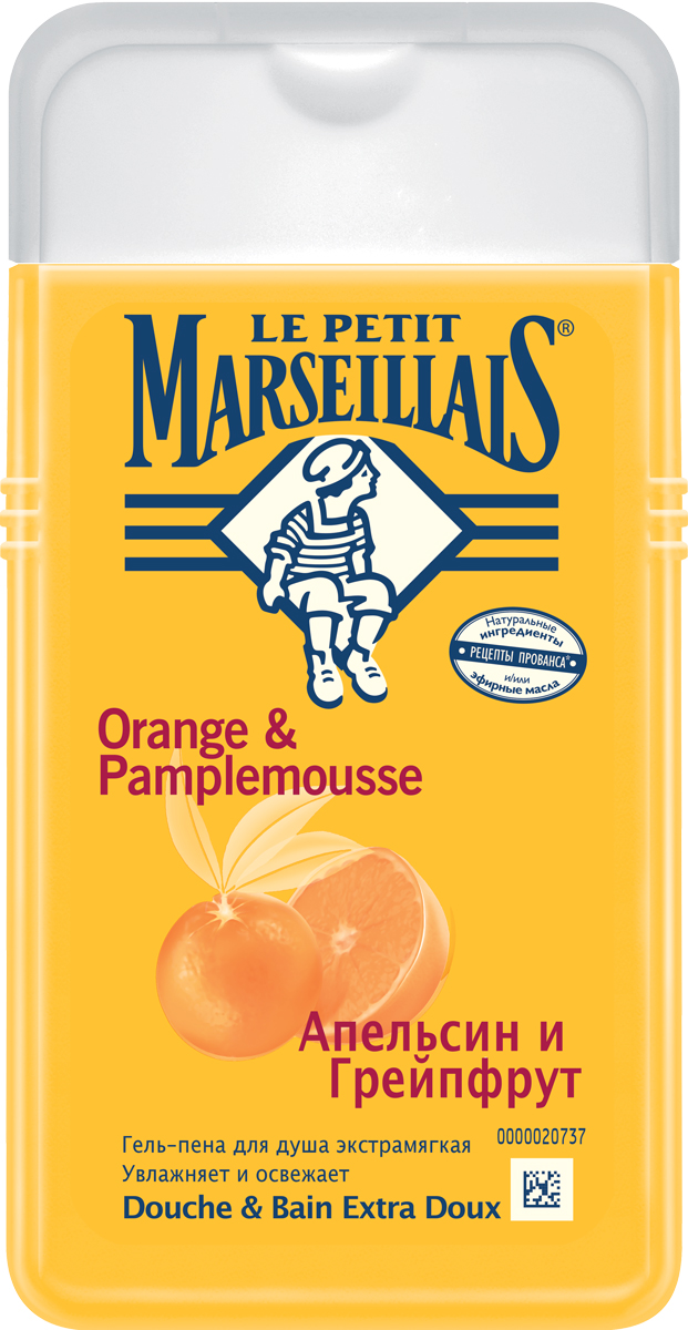 Le Petit Marseillais Гель-пена для душа Грейпфрут и апельсин 250 мл30340272200 Le Petit Marseillais Гель-пена для душа Грейпфрут и апельсин 250 мл30340272200Апельсин – это часть культуры Прованса и символ Средиземноморья. В наших рецептах используются апельсины органического происхождения, выращенные в бассейне Средиземного моря. Гель нежно очищает кожу благодаря экстрамягкой формуле, легко и быстро смывается, оставляя на коже цитрусовый аромат, наполненный тонизирующими и солнечными нотками. Ваша кожа мягкая, свежая, она хорошо увлажнена. Нейтральный для кожи pH / Протестировано дерматологами