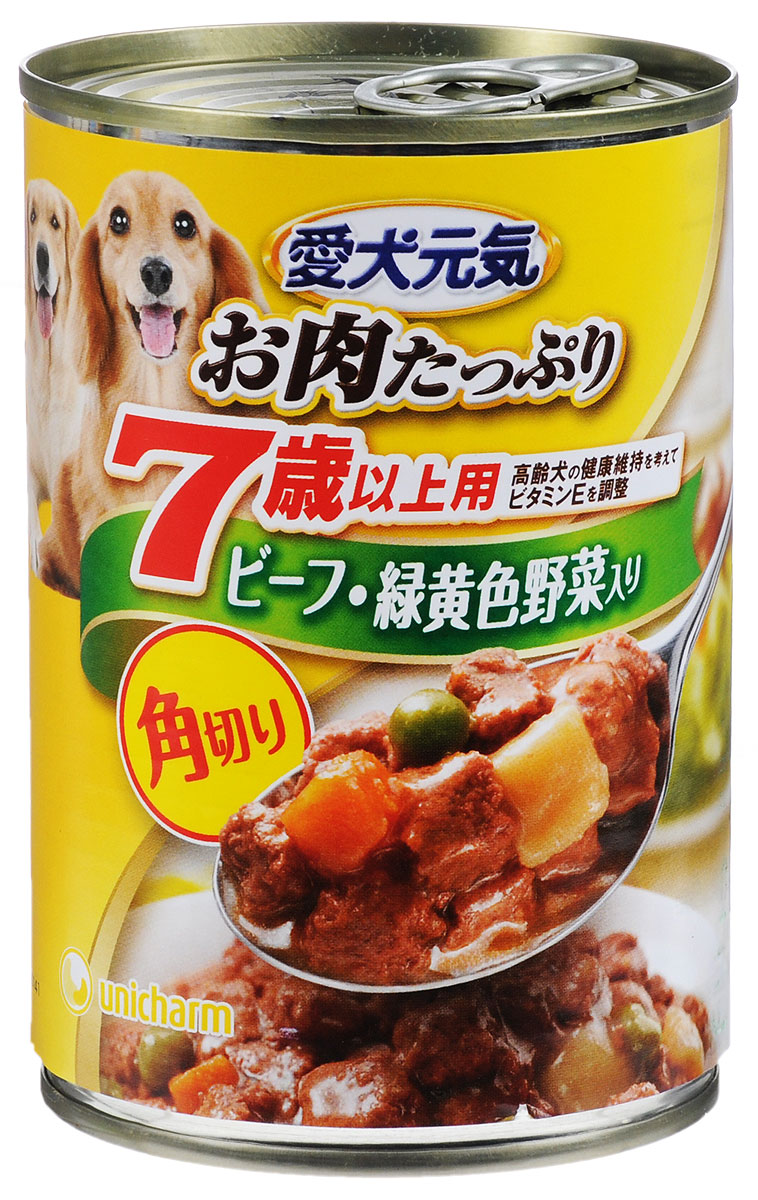 Консервы Unicharm Aiken Genki для собак c 7 лет, с говяжьим гуляшом и овощами, 400 г671640 Консервы Unicharm Aiken Genki для собак c 7 лет, с говяжьим гуляшом и овощами, 400 г671640Консервы Unicharm Aiken Genki - это сбалансированное высококачественное питание для собак старше 7 лет. Аппетитные кусочки говядины и овощей в тающем мясном соусе произведены с сохранением всех свойств натуральных продуктов, содержат комплекс питательных веществ и микроэлементов, необходимых для поддержания здоровья и хорошей физической формы вашего четвероногого друга. Корм полностью удовлетворяет ежедневные энергетические потребности взрослого животного и обеспечивает оптимальное функционирование пищеварительной системы. Товар сертифицирован.