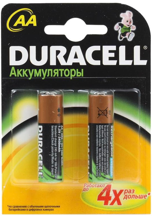 Набор аккумуляторов Duracell, AA NiMH 2450 mAh, 2 штDRC-75070277 Набор аккумуляторов Duracell, AA NiMH 2450 mAh, 2 штDRC-75070277Никель-металлгидридные аккумуляторы Duracell - идеальное решение для цифровых приборов с высоким потреблением энергии. Их основное преимущество перед другими типами аккумуляторов заключается в более продолжительном времени работы в течение одного цикла зарядки. Используя такой аккумулятор, можно не беспокоиться, что фотоаппарат разрядится или МРЗ-плеер выключится в самый неподходящий момент. Никель-металлгидридные аккумуляторы практически избавлены от эффекта памяти. Аккумулятор можно заряжать не полностью разряженный, если он не хранился больше нескольких дней в таком состоянии. Если аккумулятор был частично разряжен, а затем не использовался более 30 дней, то перед зарядкой его необходимо полностью разрядить.