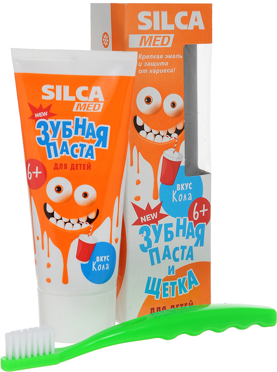 Silca Med Зубная паста детская со вкусом колы + Зубная щетка с 6 лет цвет зеленый28420_красный Silca Med Зубная паста детская со вкусом колы + Зубная щетка с 6 лет цвет зеленый28420_красныйЗубная паста Silca Med подойдет для детей с начавшейся заменой молочных зубов. Активный кальций укрепляет эмаль, а фтор надежно защищает от кариеса. Липа и ромашка снижают дискомфорт десен, мягко ухаживают за полостью рта.Зубная щетка с головкой оптимальной формы идеально подходит для детей с 2 лет. Щетина изготовлена из высококачественного волокнаи имеет специальные закругления на концах, чтобы не травмировать десны ребенка. Эргономичная ручка с волнистой поверхностью обеспечит надежную фиксацию пальчиков.Товар сертифицирован.