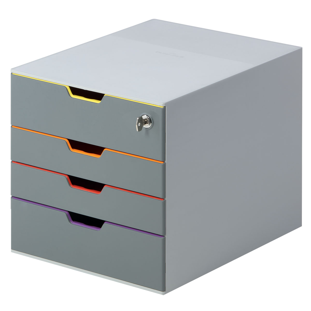 Короб для документов Durable Varicolor. 7606-277606-27 Короб для документов Durable Varicolor. 7606-277606-27Выполнен из высококачественного пластика. Выдвижные ящики закрытого типа, оснащены стопорами и табуляторами для маркировки. Боксы можно устанавливать друг на друга, фиксируются при помощи резиновых ножек. 4 ящика. Размер 292x280x356 мм. Стильный короб для документов с 4 выдвижными цветными ящичками. Выполнен из пластика премиального качества. Широкие лотки для удобного хранения большого количества документов. Верхний лоток запирается на замок, что позволяет хранить в боксе ценные бумаги и аксессуары. Выдвижные ящички выполнены в разных цветах, что позволяет группировать документы по тематикам и быстро их находить. Подходят для форматов А4, С4, Folio. Бокс оснащен стопорами, которые не позволяют выпасть лоткам при резком открывании, а также съемными табуляторами для маркировки. Не скользит даже на самых гладких поверхностях благодаря силиконовым ножкам.