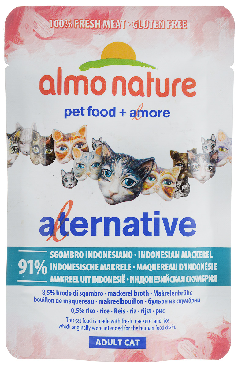 Консервы Almo Nature Alternative для кошек, с индонезийской скумбрией, 55 г20407 Консервы Almo Nature Alternative для кошек, с индонезийской скумбрией, 55 г20407Консервы Almo Nature Alternative - корм для кошек наиболее приближенный к природе. Уникальность его заключается в том, что мясо скумбрии не подвергается предварительной обработке, а упаковывается в свежем (сыром) виде и готовится внутри пауча, что позволяет сохранить все питательные вещества, неповторимый вкус и аромат мяса. Товар сертифицирован.